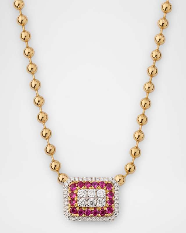 Illusion 18K Yellow Gold Ruby and Diamond Rectangle Beaded Necklace